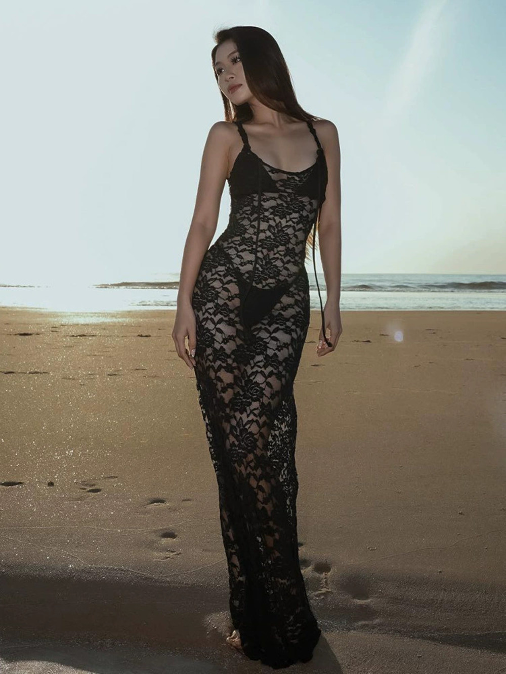 Zara Sheer Lace Fitted Off Shoulder Slip Dress